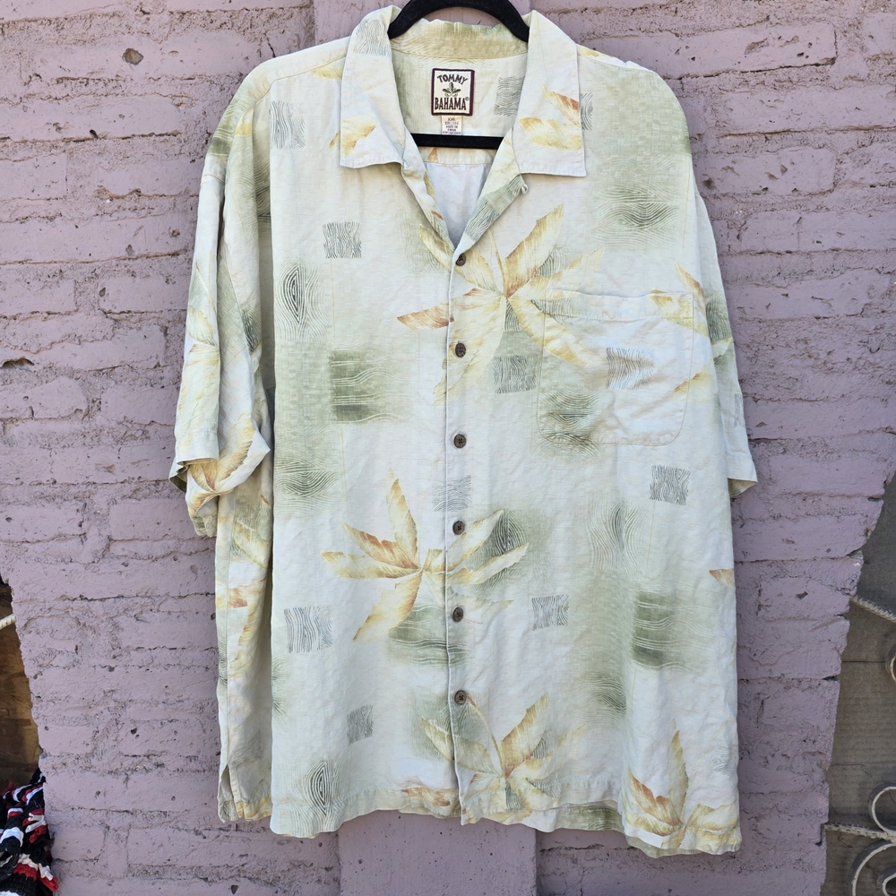 Tommy Bahama Pale Green and Yellow Leaf Silk Camp Shirt